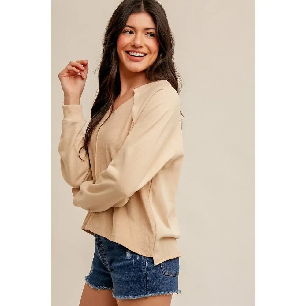 V Neck Asymmetrical Hem Loose Fit Sweatshirt - Picture 2 of 3